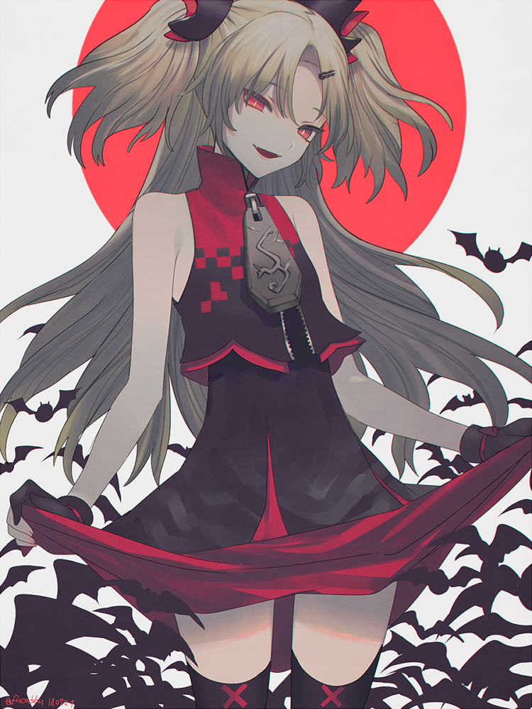 1girl akatsuki_yuni artist_name bare_shoulders bat black_dress black_gloves black_legwear blonde_hair commentary_request dated dress fangs fucodoku gloves hair_ornament hairclip long_hair open_mouth partly_fingerless_gloves red_eyes skirt_hold smile thigh-highs two_side_up uni_channel vest virtual_youtuber zipper_pull_tab