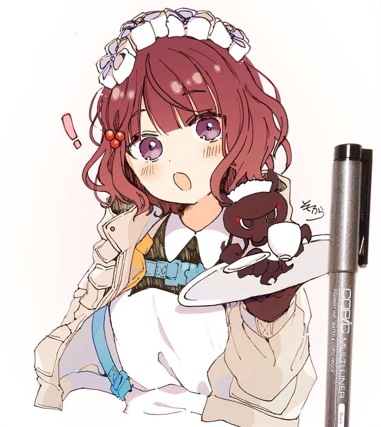 ! 1girl :o animal apron bangs black_dress blush_stickers brown_gloves brown_hair brown_jacket collared_dress cropped_torso cup dress eyebrows_visible_through_hair fate/grand_order fate_(series) gloves hair_ornament hand_up head_tilt heroic_spirit_festival_outfit highres holding holding_cup holding_saucer holding_tray jacket katsushika_hokusai_(fate/grand_order) long_sleeves looking_at_viewer maid_headdress octopus open_clothes open_jacket open_mouth photo signature simple_background sofra tokitarou_(fate/grand_order) traditional_media tray upper_body violet_eyes white_apron white_background