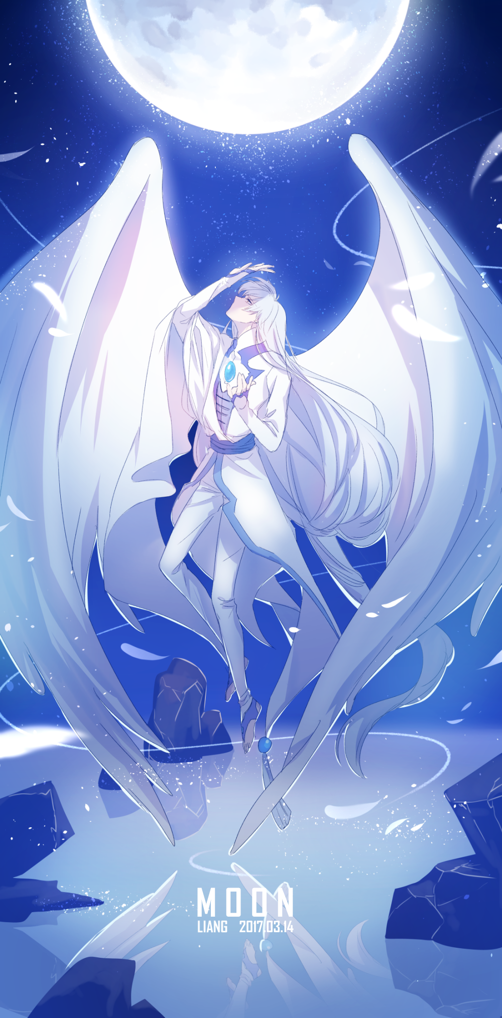 1boy artist_name cardcaptor_sakura dated feathers full_body full_moon highres liang0914 long_hair male_focus moon night night_sky no_shoes silver_hair sky solo toeless_legwear wings yue_(ccs)