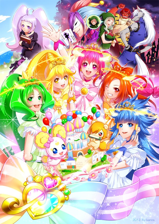 6+girls akaooni aoki_reika bow candy_(smile_precure!) card castle colorful cure_beauty cure_happy cure_march cure_peace cure_sunny everyone hino_akane_(smile_precure!) hoshizora_miyuki joker_(smile_precure!) kise_yayoi kuren magical_girl majorina midorikawa_nao multiple_girls nico_(smile_precure!) playing_card ponytail pop_(smile_precure!) precure sky smile_precure! tiara wolf wolfrun