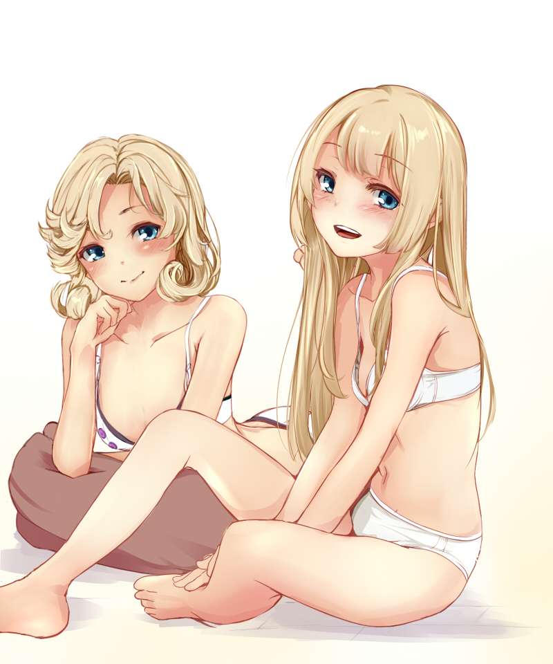 2girls :d artist_name bangs bare_legs bare_shoulders barefoot beige_background blonde_hair blue_eyes blush bra breasts collarbone eyebrows_visible_through_hair feet_up full_body gradient gradient_background head_tilt janus_(kantai_collection) jervis_(kantai_collection) kantai_collection long_hair looking_at_viewer lying multiple_girls on_stomach open_mouth panties rizzl short_hair sidelocks simple_background small_breasts smile underwear underwear_only white_bra white_panties
