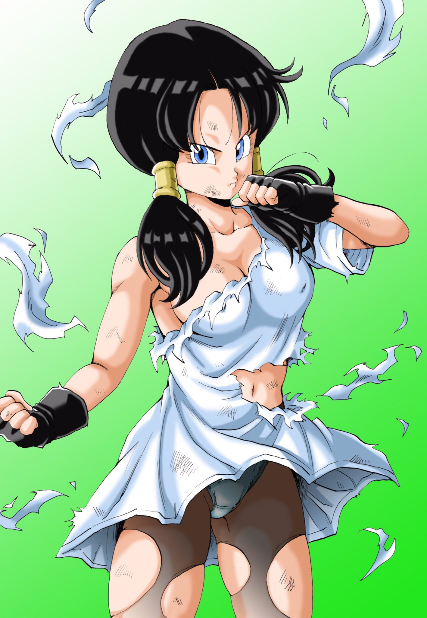 1girl black_gloves black_hair black_legwear blue_eyes breasts clenched_hands closed_mouth clothes_lift collarbone commentary_request covered_nipples cowboy_shot dirty dirty_clothes dirty_face dragon_ball dragon_ball_z eyelashes fighting_stance fingerless_gloves frown gloves gradient gradient_background green_background hand_to_own_mouth highres large_breasts legs_apart looking_at_viewer midriff navel panties pantyhose shirt simple_background solo standing torn_clothes torn_legwear torn_shirt twintails underwear v-shaped_eyebrows videl white_background white_panties white_shirt wind wind_lift youngjijii