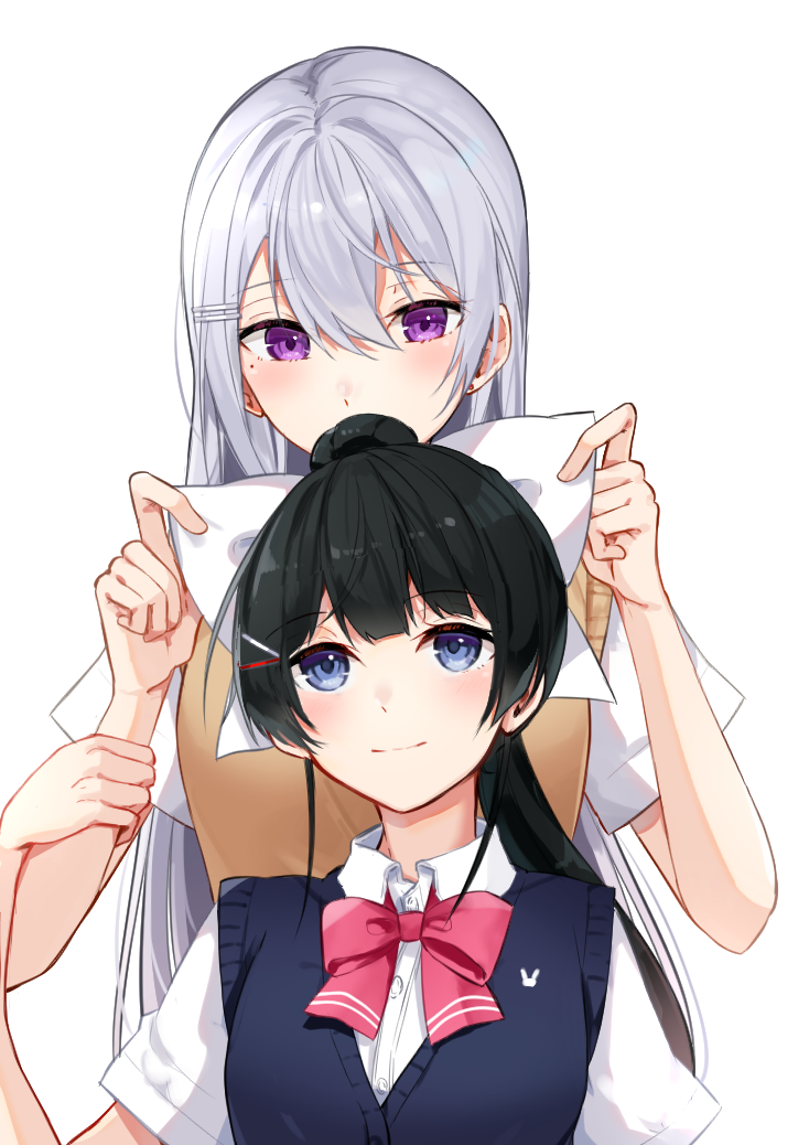 2girls alternate_hairstyle bangs black_eyes black_hair bow bowtie hair_ribbon higuchi_kaede long_hair multiple_girls nijisanji ponytail ribbon school_uniform short_sleeves simple_background smile tsukino_mito tying_hair violet_eyes white_background white_hair zyenokana