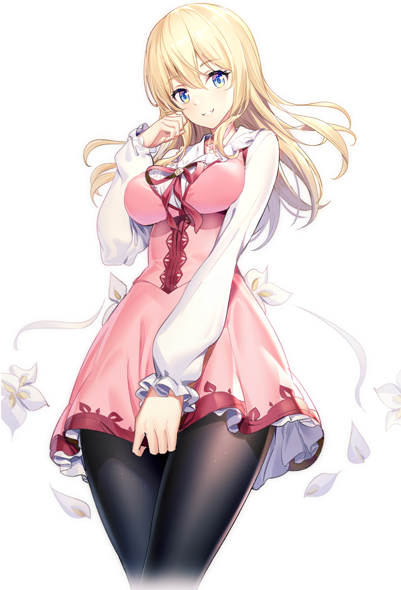 1girl bangs black_legwear blonde_hair blue_eyes breasts collared_shirt commentary dress eyebrows_visible_through_hair flower hair_between_eyes hand_up highres large_breasts long_hair long_sleeves looking_at_viewer neck_ribbon original pantyhose parted_lips petals pink_dress puffy_long_sleeves puffy_sleeves red_ribbon ribbon ririko_(zhuoyandesailaer) shirt short_dress simple_background sleeves_past_wrists smile solo white_background white_flower white_shirt