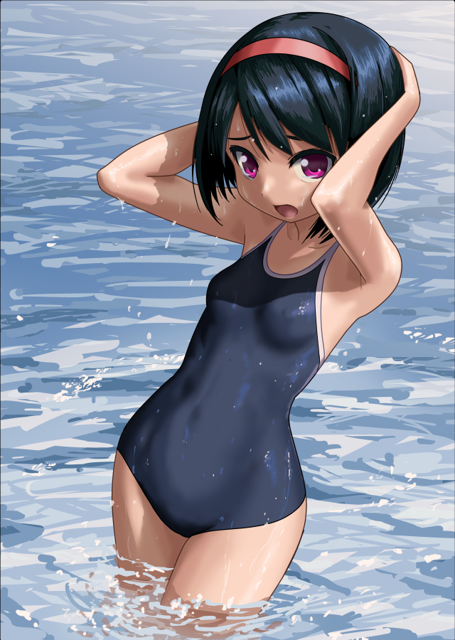 1girl arms_behind_head black_hair black_swimsuit collarbone commentary_request competition_school_swimsuit cowboy_shot hairband looking_at_viewer open_mouth original pink_eyes red_hairband rohitsuka school_swimsuit short_hair soaking_feet solo standing swimsuit water wet