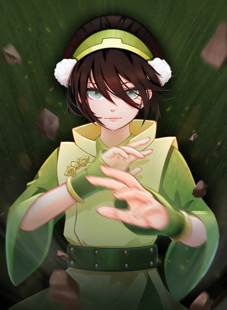 1girl avatar:_the_last_airbender avatar_(series) black_hair blind blue_eyes element_bending geokinesis hair_between_eyes short_hair smile solo toph_bei_fong zero-han