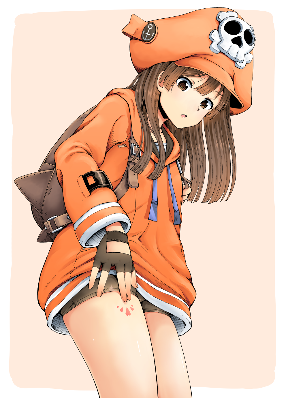 1girl anchor_symbol backpack bag bike_shorts black_gloves brown_eyes brown_hair fingerless_gloves gloves guilty_gear guilty_gear_2020 hand_in_pocket hat highres hood hood_down hoodie looking_at_viewer may_(guilty_gear) medium_hair orange_headwear orange_hoodie pirate_hat ponkotsu skull_and_crossbones solo