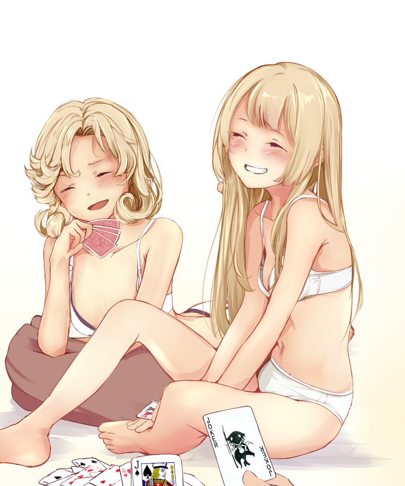 2girls :d artist_name bangs bare_legs bare_shoulders barefoot beige_background blonde_hair blush bra breasts closed_eyes collarbone eyebrows_visible_through_hair facing_viewer feet_up full_body gradient gradient_background grin head_tilt janus_(kantai_collection) jervis_(kantai_collection) kantai_collection long_hair looking_at_viewer lying multiple_girls on_stomach open_mouth panties rizzl short_hair sidelocks simple_background small_breasts smile underwear underwear_only white_bra white_panties