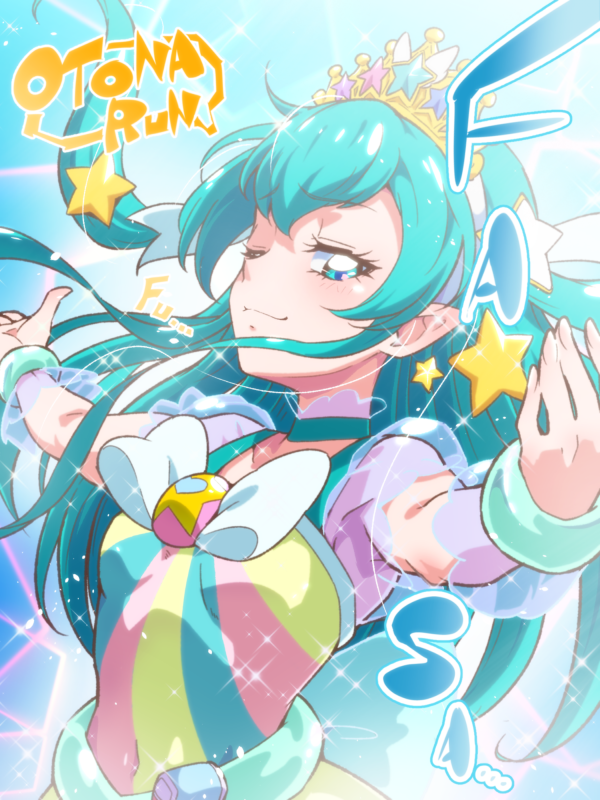 1girl ;3 aqua_choker aqua_eyes aqua_hair choker closed_mouth commentary_request cure_milky earrings eyebrows_visible_through_hair hagoromo_lala jewelry long_hair looking_at_viewer magical_girl outstretched_arms pointy_ears precure smile solo star star_earrings star_twinkle_precure tiara tj-type1