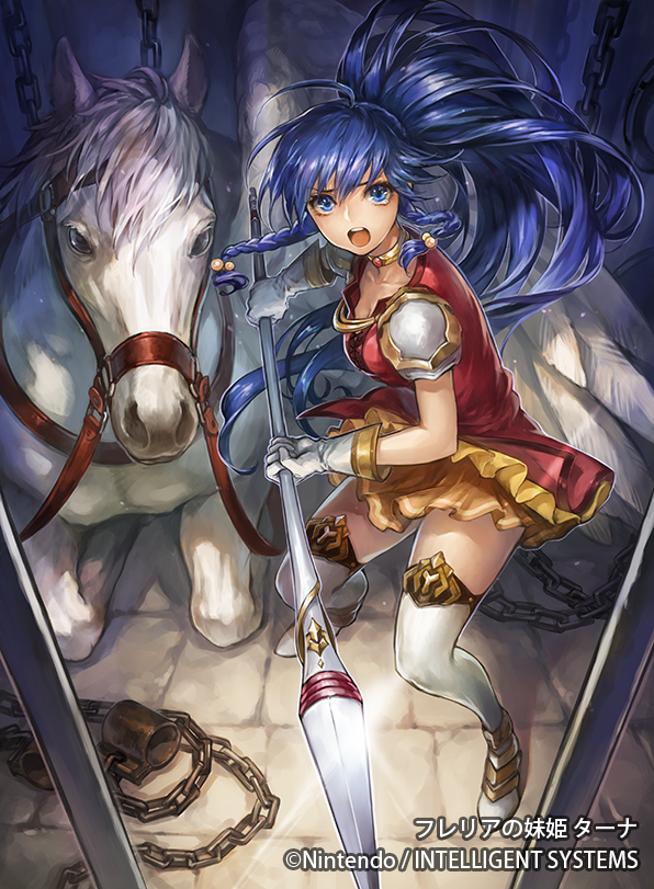 1girl bangs blue_eyes boots chain commentary_request fire_emblem fire_emblem:_the_sacred_stones fire_emblem_cipher gloves indoors long_hair open_mouth pegasus polearm ponytail sidelocks skirt spear tana_(fire_emblem) thigh-highs thigh_boots tied_hair uroko_(mnr) weapon white_footwear zettai_ryouiki