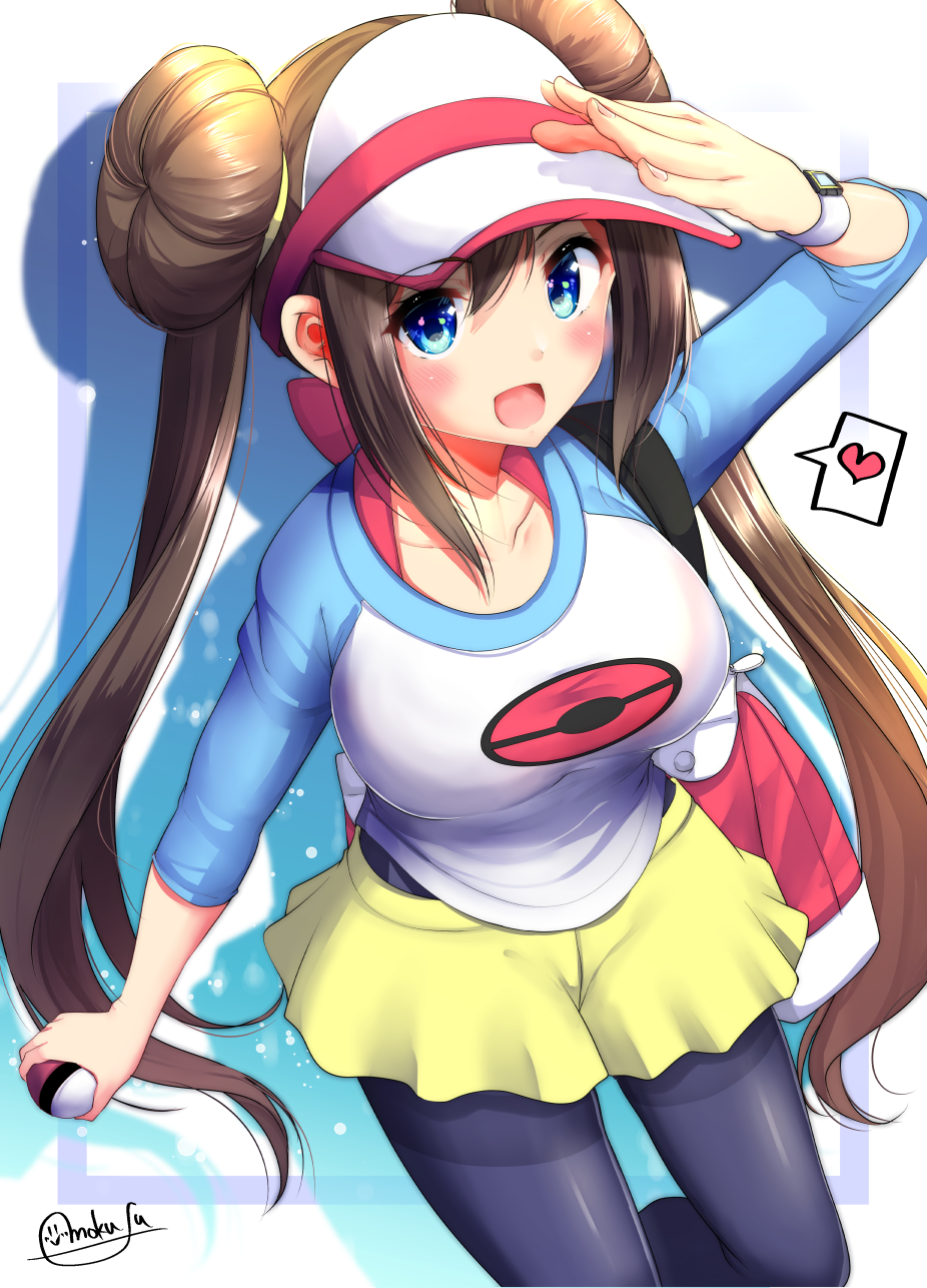 1girl black_legwear blue_eyes blush breasts brown_hair double_bun hair_bun highres legwear_under_shorts low_twintails medium_breasts mei_(pokemon) mokufuu pantyhose pokemon pokemon_(game) pokemon_bw2 pokemon_masters shorts smile solo twintails visor_cap