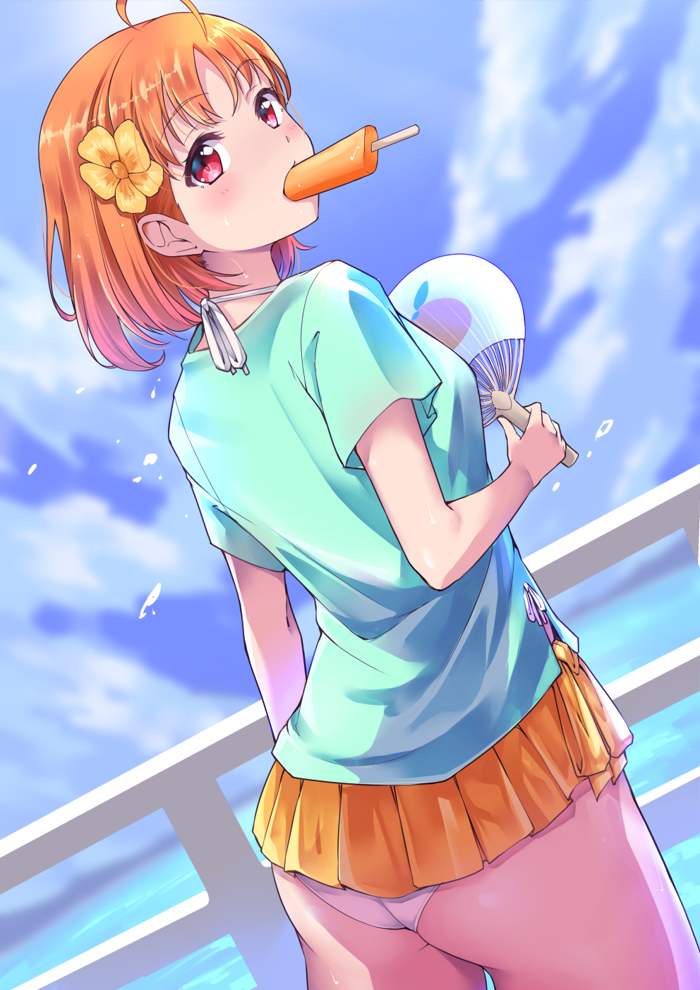 1girl ahoge ass bangs blue_shirt blue_sky blush day dutch_angle eyebrows_visible_through_hair fan flower food from_behind hair_flower hair_ornament highres holding holding_fan kanabun looking_at_viewer looking_back love_live! love_live!_sunshine!! microskirt mouth_hold orange_skirt outdoors panties pantyshot pantyshot_(standing) paper_fan parted_bangs pleated_skirt popsicle railing red_eyes shirt short_sleeves skirt sky solo standing takami_chika uchiwa underwear white_panties yellow_flower