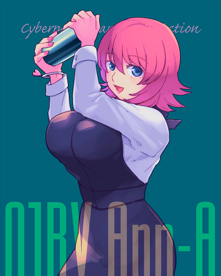 1girl :d arms_up bad_anatomy bartender black_skirt blue_background blue_eyes breasts cocktail_shaker copyright_name hair_between_eyes huge_breasts long_sleeves looking_at_viewer n1rv_ann-a open_mouth pink_hair pink_nails sam_(n1rv_ann-a) short_hair simple_background skirt smile solo standing wristband y_(35504109)