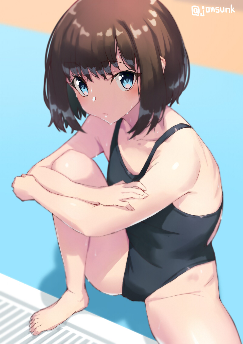 1girl bare_shoulders blue_eyes brown_hair competition_swimsuit highleg highleg_swimsuit jonsun looking_at_viewer one-piece_swimsuit original pool short_hair spread_legs stretch swimsuit