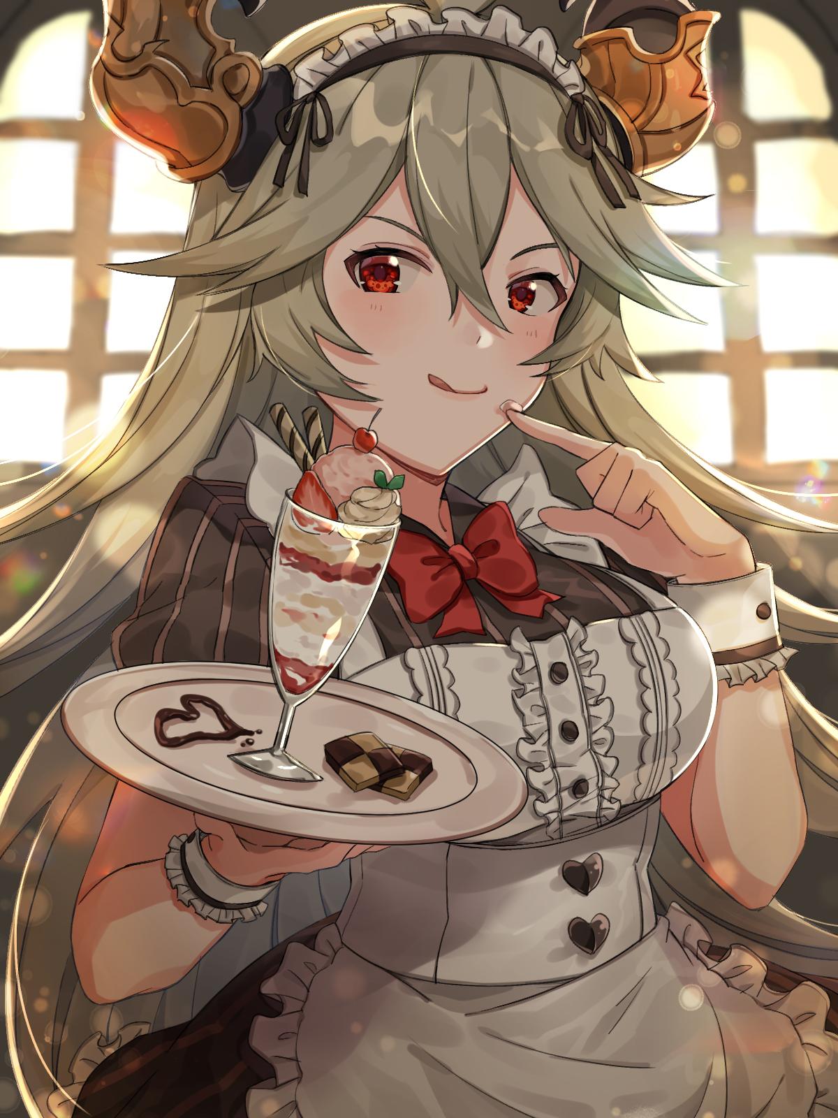1girl :p alternate_costume apron bow bowtie cookie draph enmaided food food_on_finger granblue_fantasy grey_hair gyoju_(only_arme_nim) highres horns long_hair looking_at_viewer maid maid_apron maid_dress maid_headdress parfait red_eyes short_sleeves solo thalatha_(granblue_fantasy) tongue tongue_out tray wrist_cuffs