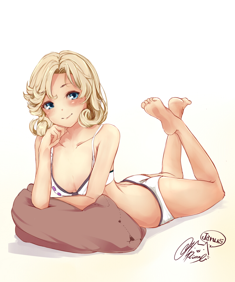 1girl bangs bare_shoulders barefoot beige_background blonde_hair blue_eyes bra character_name collarbone feet_up full_body gradient gradient_background head_tilt janus_(kantai_collection) kantai_collection looking_at_viewer lying on_stomach panties rizzl short_hair signature smile solo underwear underwear_only white_bra white_panties