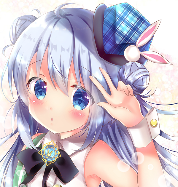 1girl arm_up bangs bare_shoulders black_bow blue_eyes blue_hair blue_headwear blush bow collared_shirt commentary_request double_bun eyebrows_visible_through_hair gochuumon_wa_usagi_desu_ka? hair_between_eyes hat kafuu_chino long_hair parted_lips plaid_hat rikatan shirt sleeveless sleeveless_shirt solo tilted_headwear upper_body w white_shirt wrist_cuffs