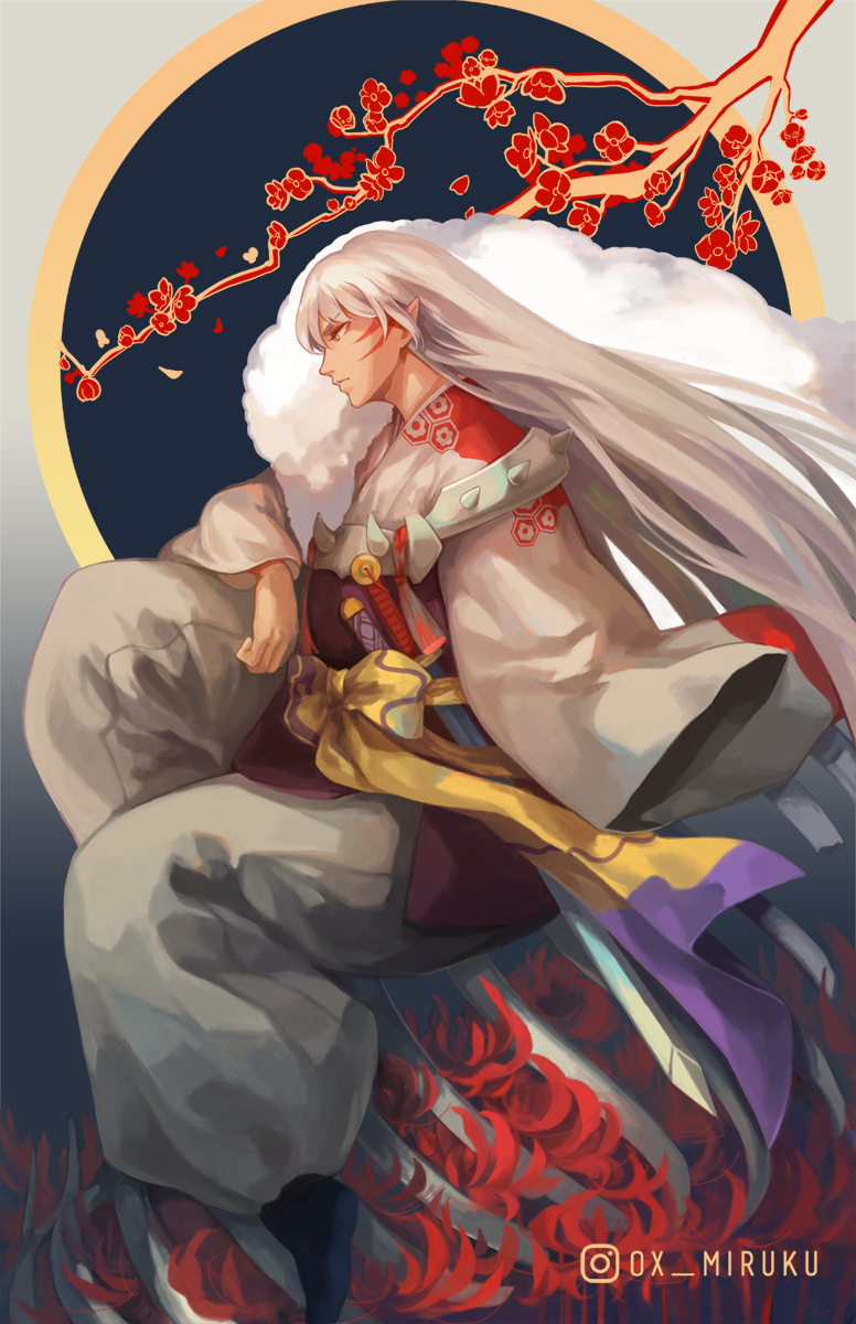1boy armor artist_name branch facial_mark flower full_body fur highres inuyasha japanese_clothes long_hair male_focus ox-miruku pointy_ears profile sesshoumaru sitting solo spider_lily sword weapon white_hair yellow_eyes