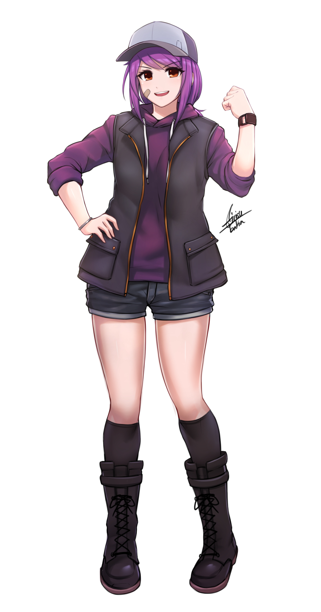 1girl airisubaka artist_name bangs black_footwear black_jacket black_legwear boots breasts brown_eyes commentary cross-laced_footwear eyebrows_visible_through_hair full_body hat highres hood hoodie jacket kneehighs lace-up_boots leah_(airisubaka) long_hair looking_at_viewer open_mouth original purple_hair short_shorts shorts signature simple_background sleeveless sleeveless_jacket smile solo upper_teeth white_background