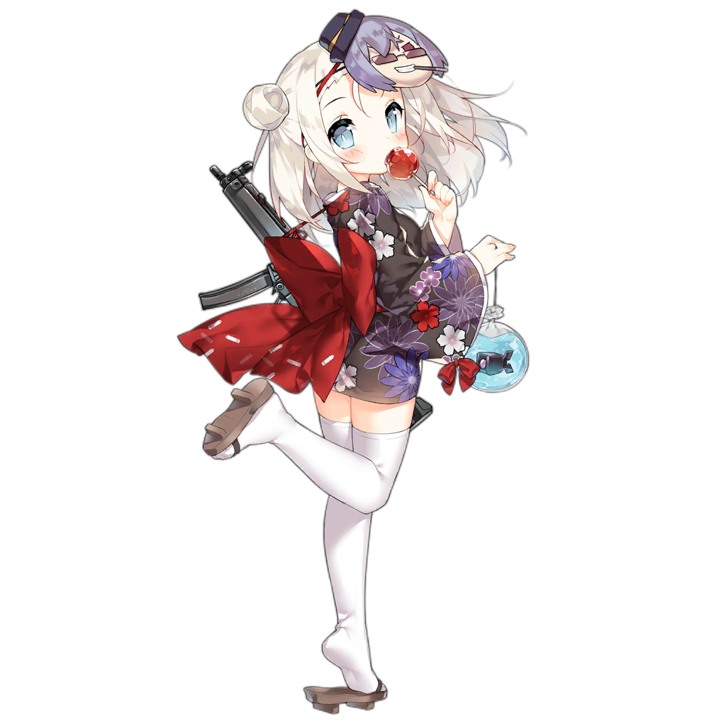 1girl alternate_costume bag bagged_fish black_kimono blue_eyes blush candy_apple character_mask dinergate_(girls_frontline) eating eyewear_on_head fish food from_side full_body geta girls_frontline grey_hair grin gun h&amp;k_mp5 heckler_&amp;_koch holding holding_food japanese_clothes kimono leg_up looking_at_viewer mask mask_on_head mp5_(girls_frontline) obi official_art saru sash side_bun silver_hair smile solo standing submachine_gun sunglasses tareme thompson_(girls_frontline) transparent_background weapon wide_sleeves yukata