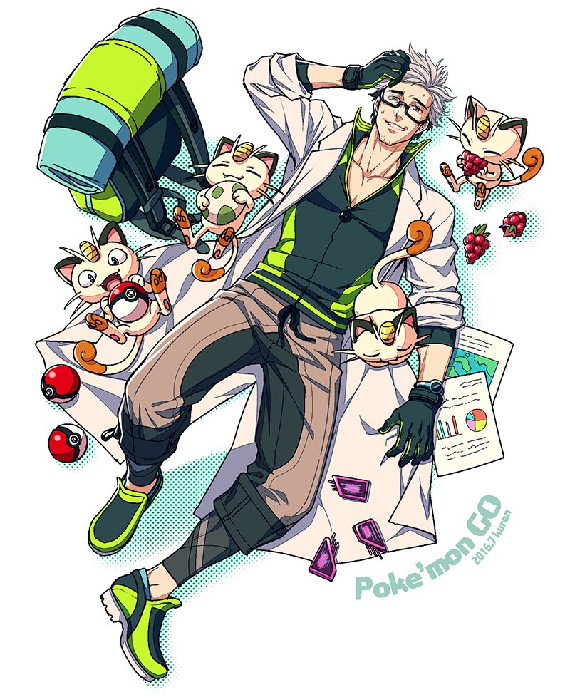 1boy eating egg facial_hair food fruit glasses gloves grey_hair kuren labcoat lying male_focus meowth on_back poke_ball poke_ball_(generic) pokemon pokemon_(creature) pokemon_(game) pokemon_go stubble sweatdrop watch willow_(pokemon)