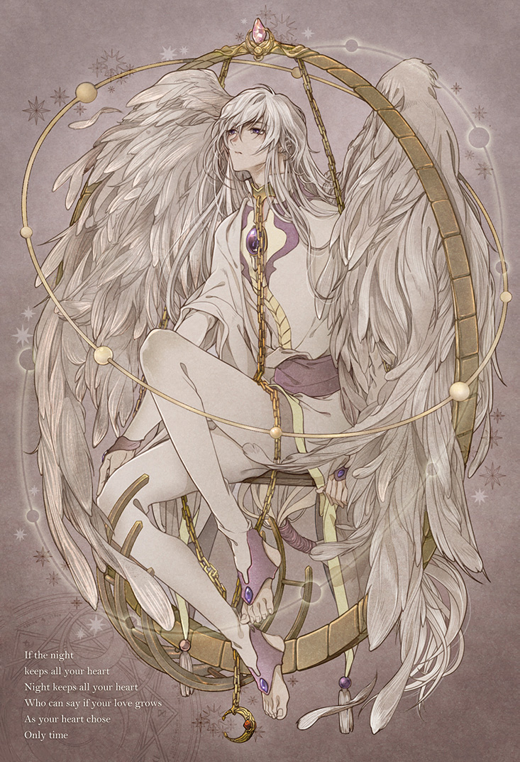 1boy aruco cardcaptor_sakura chain chained crescent feathers full_body long_hair male_focus no_shoes silver_hair sitting solo toeless_legwear wings yue_(ccs)