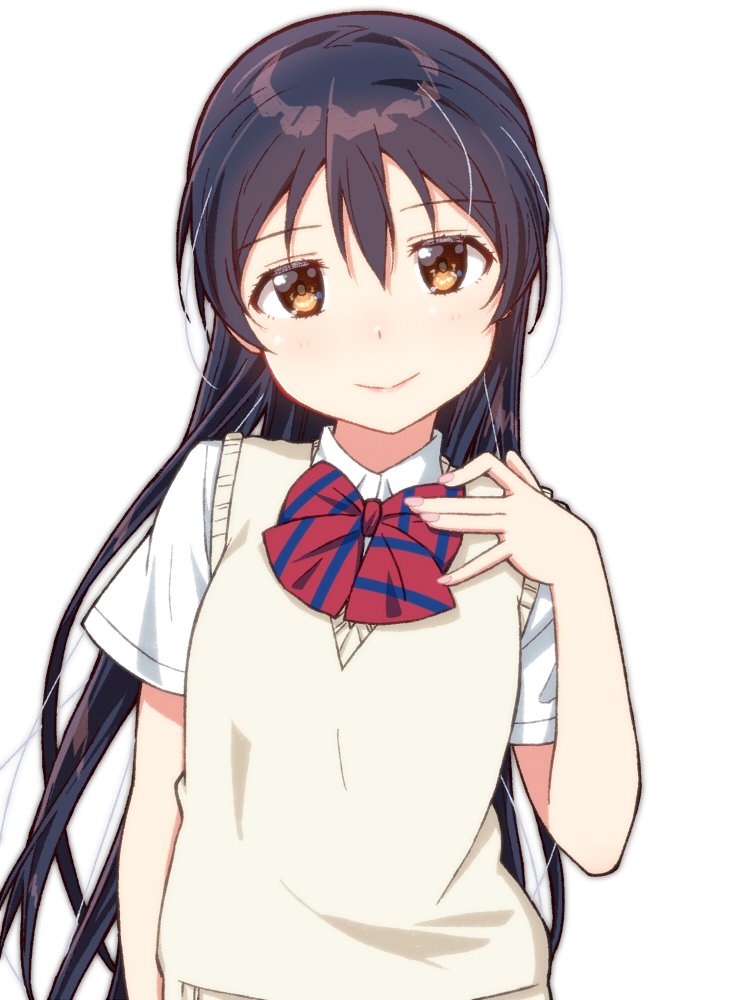 1girl bangs blue_hair blush bow bowtie commentary_request eyebrows_visible_through_hair hair_between_eyes hand_up long_hair looking_at_viewer love_live! love_live!_school_idol_project otonokizaka_school_uniform red_neckwear school_uniform short_sleeves simple_background skull573 smile solo sonoda_umi striped striped_neckwear white_background yellow_eyes