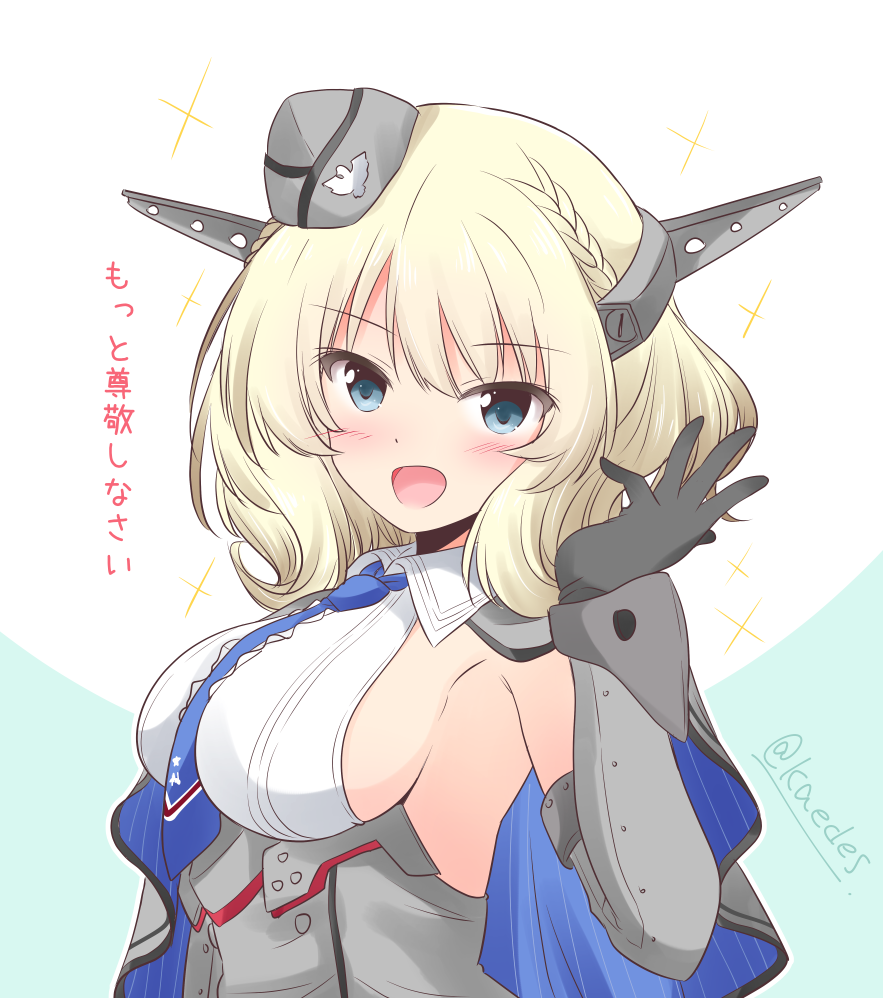 1girl black_gloves blonde_hair blue_eyes blue_neckwear breasts capelet colorado_(kantai_collection) elbow_gloves garrison_cap gloves grey_headwear hat headgear icesherbet kantai_collection large_breasts necktie shirt short_hair side_braids sideboob sleeveless smile solo trait_connection translation_request two-tone_background upper_body white_shirt