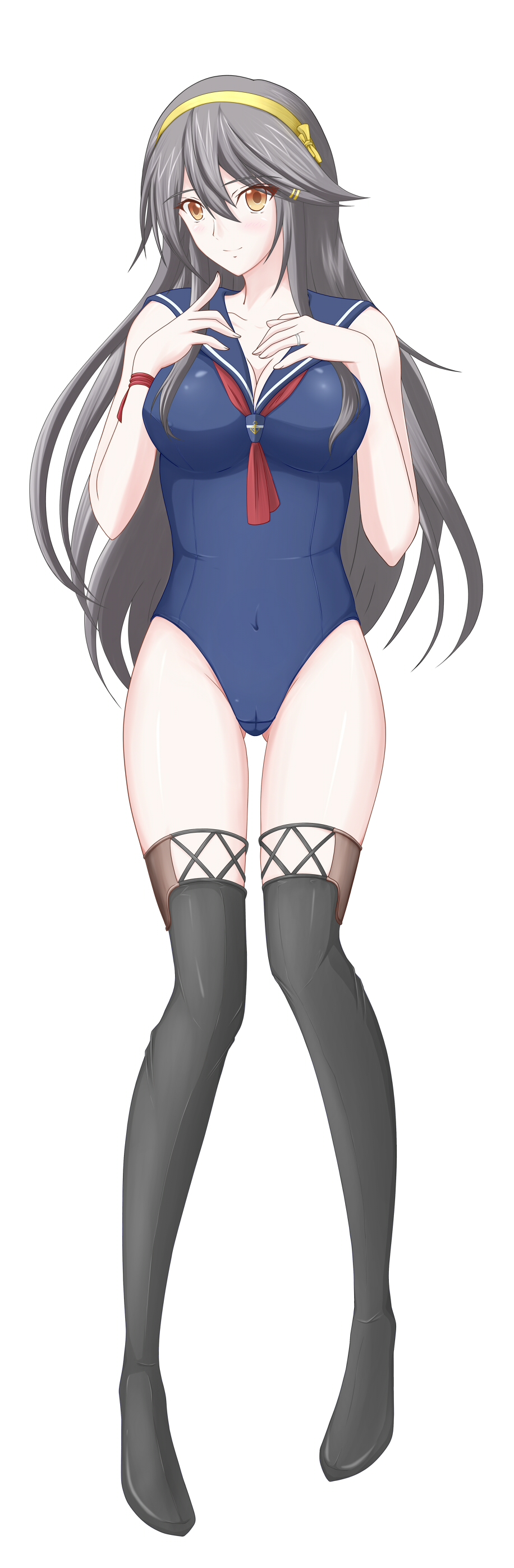 1girl absurdres alternate_costume black_footwear black_hair blue_sailor_collar blue_swimsuit boots breasts brown_eyes co-de collarbone covered_navel dakimakura eyebrows_visible_through_hair from_above full_body hair_between_eyes hairband hands_on_own_chest haruna_(kantai_collection) highres jewelry kantai_collection long_hair looking_at_viewer lying medium_breasts nontraditional_school_swimsuit on_back one-piece_swimsuit red_neckwear ring sailor_collar school_swimsuit simple_background solo swimsuit thigh-highs thigh_boots wedding_ring white_background