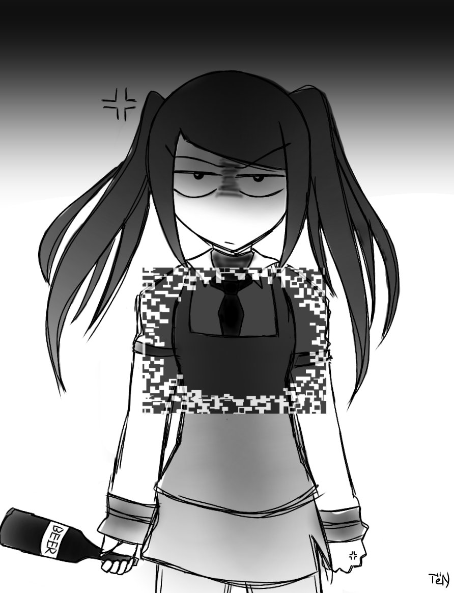 1girl anger_vein angry artist_request bartender beer_bottle chest commentary_request english_text jill_stingray long_hair looking_at_viewer screen shaded_face solo twintails va-11_hall-a