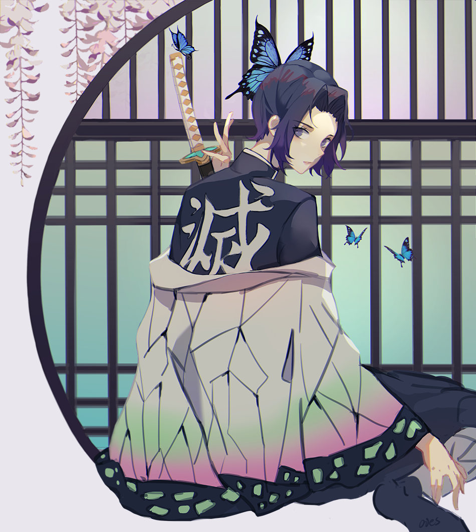 1girl anime_coloring black_legwear blue_butterfly bug butterfly concept_art door exercise insect katana kimetsu_no_yaiba kochou_shinobu purple_hair sheath sheathed short_hair solo sword violet_eyes weapon