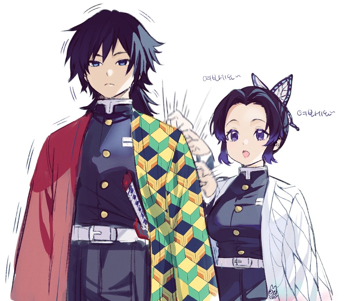 1boy 1girl bangs belt black_hair breasts bug butterfly butterfly_hair_ornament hair_ornament haori insect japanese_clothes katana kimetsu_no_yaiba kochou_shinobu long_hair long_sleeves mery_(apfl0515) parted_bangs ponytail purple_hair short_hair simple_background smile sword uniform violet_eyes weapon wide_sleeves