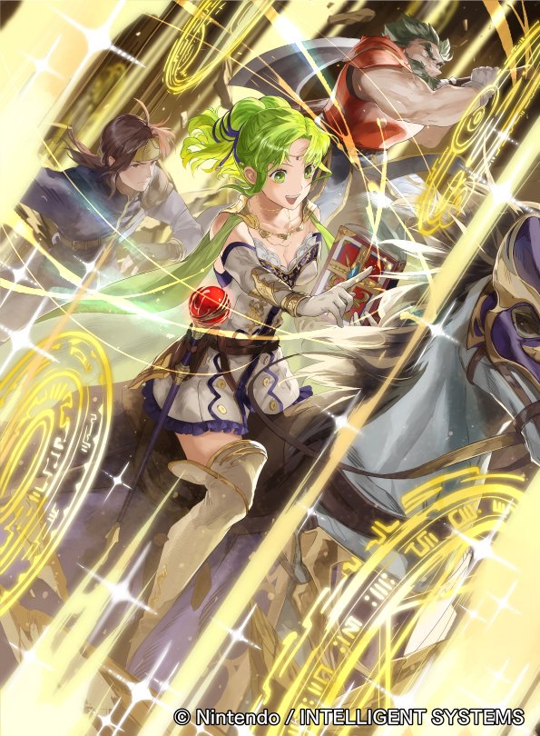 1girl 2boys bangs book boots cape commentary_request company_connection copyright_name fire_emblem fire_emblem:_the_sacred_stones fire_emblem_cipher gloves green_eyes green_hair horse horseback_riding jewelry l'arachel_(fire_emblem) long_hair mayo_(becky2006) multiple_boys official_art open_mouth riding skirt smile thigh-highs thigh_boots tied_hair white_footwear zettai_ryouiki