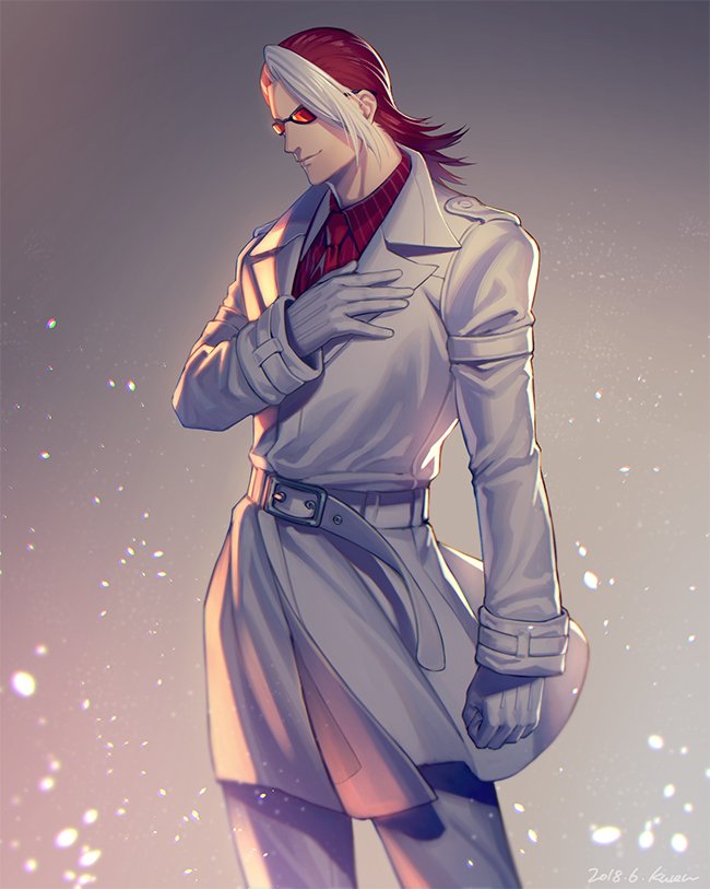 1boy alba_meira gloves hand_on_own_chest kof:_maximum_impact kuren long_hair male_focus multicolored_hair necktie redhead sunglasses the_king_of_fighters trench_coat two-tone_hair white_hair