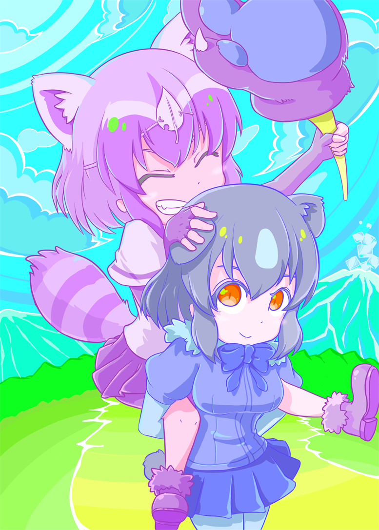 2girls akion_(chibaibaraki) animal_ears arm_up bare_legs bear_ears bear_paw_hammer bike_shorts black_hair bow bowtie brown_bear_(kemono_friends) brown_bear_(kemono_friends)_(cosplay) brown_eyes carrying closed_eyes commentary_request common_raccoon_(kemono_friends) common_raccoon_(kemono_friends)_(cosplay) cosplay costume_switch day extra_ears fingerless_gloves fisheye fur_collar gloves grey_hair grin hand_on_another's_head holding holding_weapon kemono_friends leaf leaf_on_head long_sleeves looking_up miniskirt multicolored_hair multiple_girls outdoors outstretched_legs pantyhose piggyback purple_hair raccoon_ears raccoon_tail short_hair short_over_long_sleeves short_sleeve_sweater short_sleeves shorts sidelocks skirt smile sweater tail two-tone_hair weapon