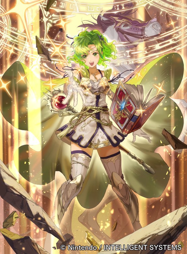 1girl armor bangs boots breastplate cape commentary_request company_connection copyright_name fire_emblem fire_emblem:_the_sacred_stones fire_emblem_cipher gloves green_eyes green_hair jewelry l'arachel_(fire_emblem) long_hair mayo_(becky2006) official_art skirt thigh-highs thigh_boots tied_hair white_footwear zettai_ryouiki