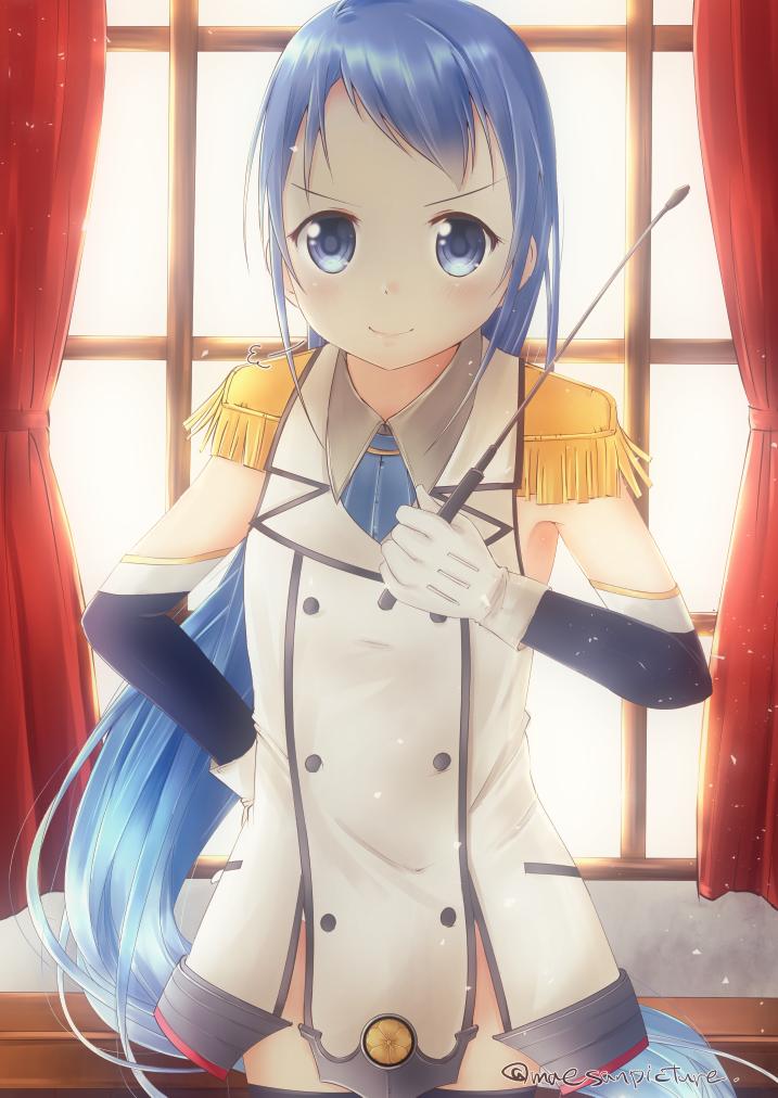1girl bangs blue_eyes blue_hair commentary_request cosplay desk double-breasted elbow_gloves epaulettes gloves hand_on_hip holding indoors kantai_collection katori_(kantai_collection) katori_(kantai_collection)_(cosplay) long_hair looking_at_viewer mae_(maesanpicture) no_pants red_curtains riding_crop samidare_(kantai_collection) smile solo swept_bangs upper_body v-shaped_eyebrows very_long_hair window