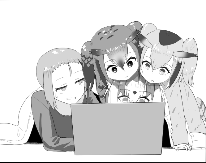 4girls animal_ears autism_wanderer computer contemporary eurasian_eagle_owl_(kemono_friends) greyscale kemono_friends laptop lesser_panda_(kemono_friends) monochrome multiple_girls northern_white-faced_owl_(kemono_friends)