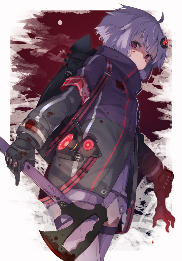 1girl ahoge armband axe backpack bag bangs black_gloves blood blood_on_face blood_stain bloody_clothes detached_arm dress gloves hair_ornament holding holding_axe holding_weapon jacket long_sleeves purple_dress purple_hair purple_legwear rabbit severed_arm severed_limb shaded_face short_hair_with_long_locks solo strapless strapless_dress thigh-highs tube_dress violet_eyes vocaloid voiceroid weapon yuzuki_yukari zoruboi