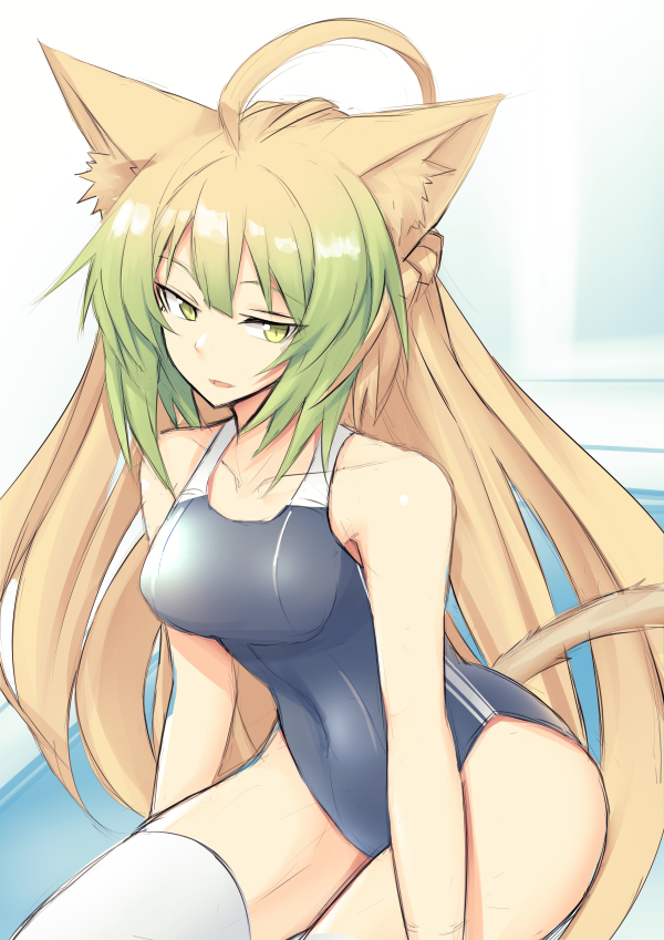 1girl ahoge alternate_costume animal_ear_fluff animal_ears atalanta_(fate) blonde_hair braid breasts cat_ears cat_tail commentary_request covered_navel fate/apocrypha fate/grand_order fate_(series) french_braid green_eyes long_hair medium_breasts multicolored_hair nahu solo tail thigh-highs white_legwear