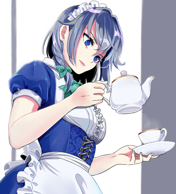 1girl apron atsusamu bangs blue_dress blue_eyes bow bowtie braid breasts center_frills commentary_request cowboy_shot cross-laced_clothes cup dress frilled_apron frills green_bow green_neckwear hair_between_eyes hair_bow hair_intakes head_tilt holding holding_plate holding_teapot izayoi_sakuya maid maid_apron maid_headdress medium_breasts partial_commentary pink_lips plate puffy_short_sleeves puffy_sleeves shirt short_hair short_sleeves sidelocks silver_hair solo steam teacup teapot touhou waist_apron white_apron white_background white_shirt