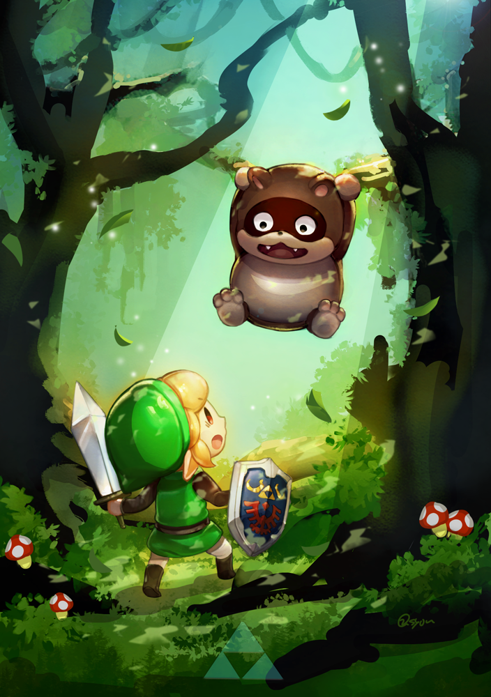 1boy blonde_hair blue_eyes boots brown_footwear commentary_request forest green_shirt hat holding holding_shield holding_sword holding_weapon link mushroom nature pointy_ears shield shirt shou_(sisimai-r) sword tanuki the_legend_of_zelda the_legend_of_zelda:_link's_awakening tree weapon