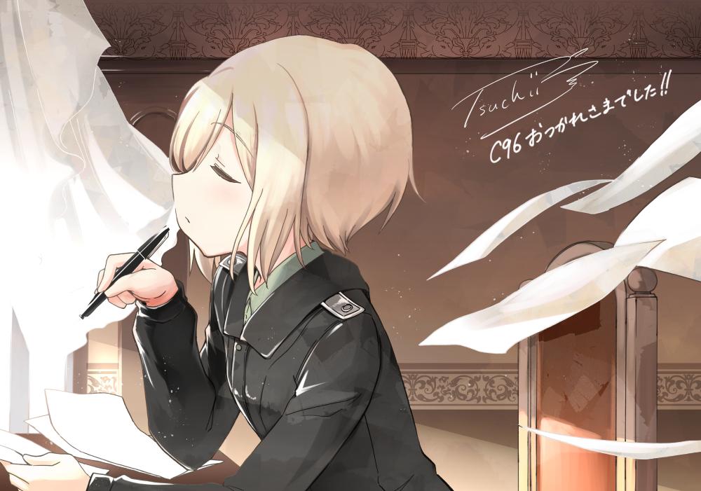 1girl blonde_hair chair closed_eyes curtains erica_hartmann eyebrows_visible_through_hair holding military military_uniform paper pen signature solo strike_witches tsuchii_(ramakifrau) uniform world_witches_series