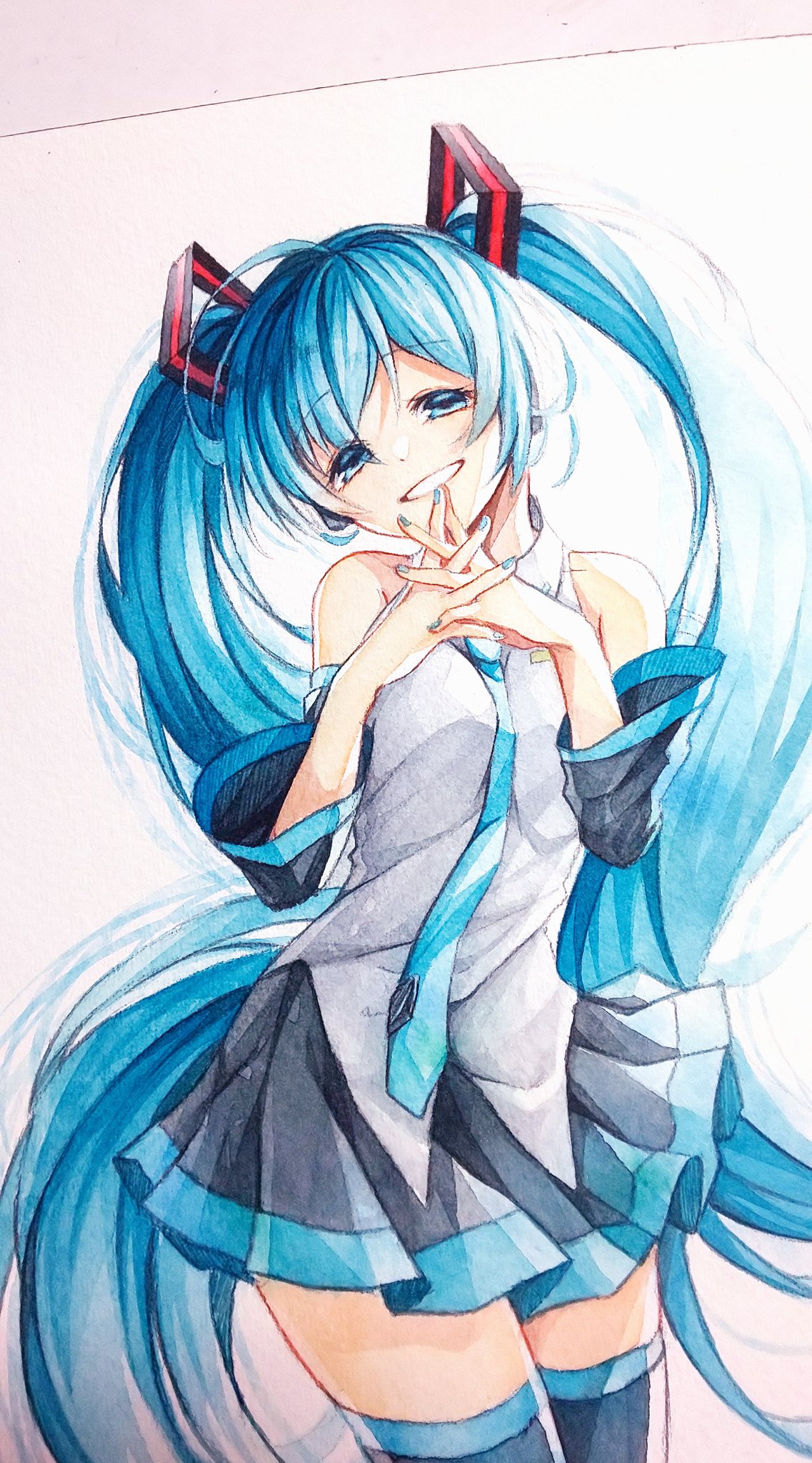 1girl :d bare_shoulders black_legwear black_skirt blue_hair blue_nails blue_neckwear breasts cowboy_shot curly_hair detached_sleeves eyebrows_visible_through_hair fingernails half-closed_eyes happy hatsune_miku head_tilt highres interlocked_fingers long_hair looking_at_viewer medium_breasts necktie nuko_0108 open_mouth pleated_skirt shirt simple_background skirt smile solo thigh-highs traditional_media twintails very_long_hair vocaloid watercolor_(medium) white_background white_shirt zettai_ryouiki