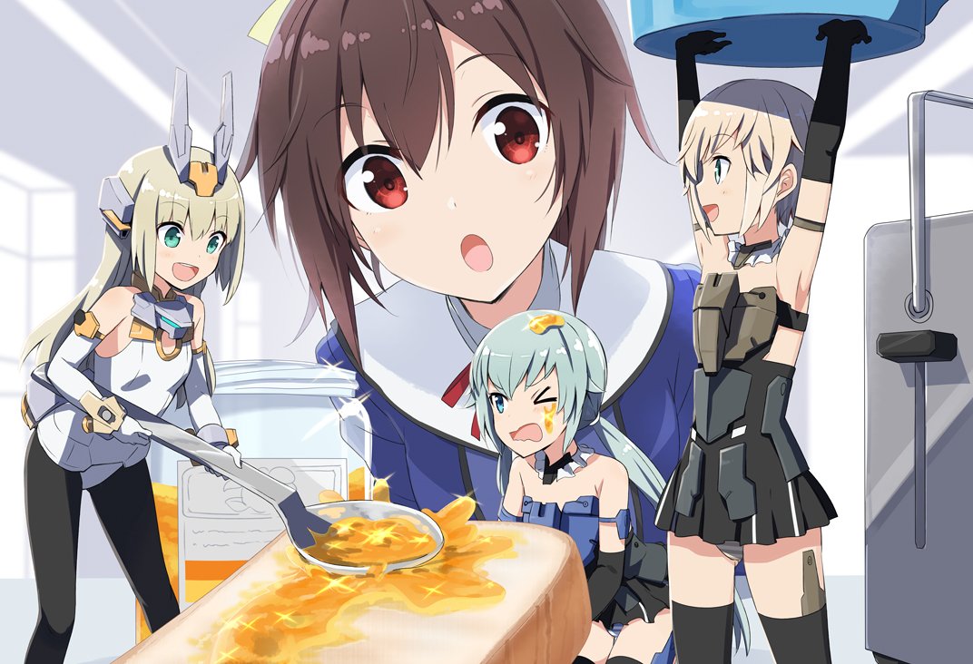 &gt;_o 4girls :d :o aqua_eyes aqua_hair armpits arms_up baselard black_gloves black_hair black_legwear blonde_hair commentary_request elbow_gloves food food_on_face frame_arms_girl gennai_ao gloves gochou_(atemonai_heya) gourai jam jar long_hair low_twintails minigirl multiple_girls one_eye_closed open_mouth panties pantyhose ponytail profile red_eyes school_uniform short_hair size_difference smile spoon striped striped_panties stylet thigh-highs toast twintails underwear very_long_hair wavy_mouth