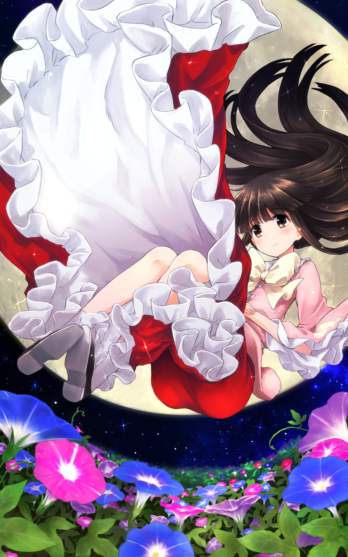 1girl bangs blunt_bangs bow bowtie brown_eyes brown_hair collared_shirt flower frilled_shirt_collar frilled_skirt frills full_moon highres hime_cut houraisan_kaguya long_hair long_skirt long_sleeves mizumoto_tadashi moon morning_glory night pink_shirt red_skirt shirt skirt socks solo touhou very_long_hair white_legwear wide_sleeves