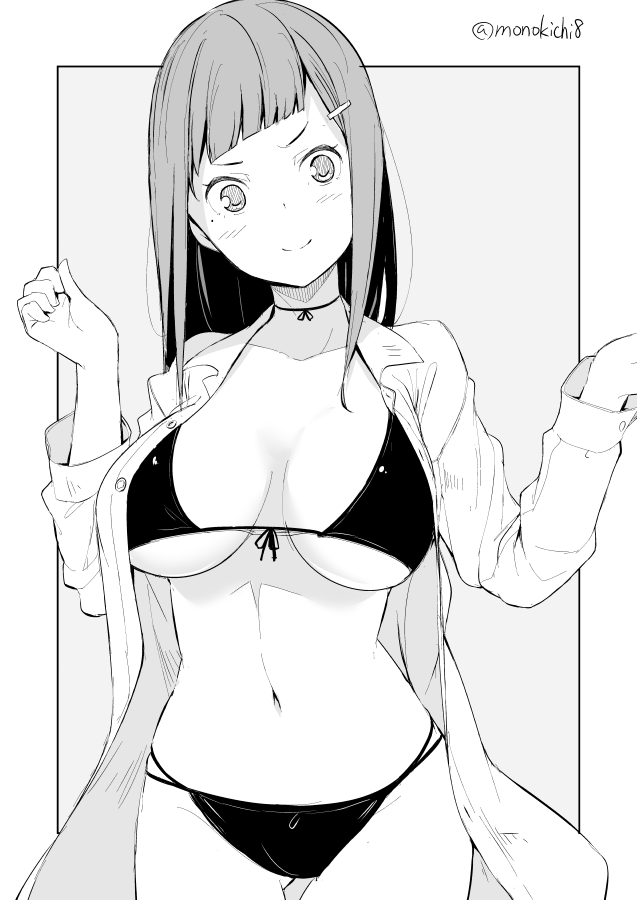 1girl bangs bikini bikini_under_clothes breasts closed_mouth collarbone collared_shirt cowboy_shot diagonal_bangs greyscale hair_ornament hairclip hands_up kichihachi large_breasts long_hair long_sleeves looking_at_viewer mole mole_under_eye monochrome navel open_clothes open_shirt original outside_border shirt simple_background smile solo standing stomach straight_hair swimsuit twitter_username unbuttoned