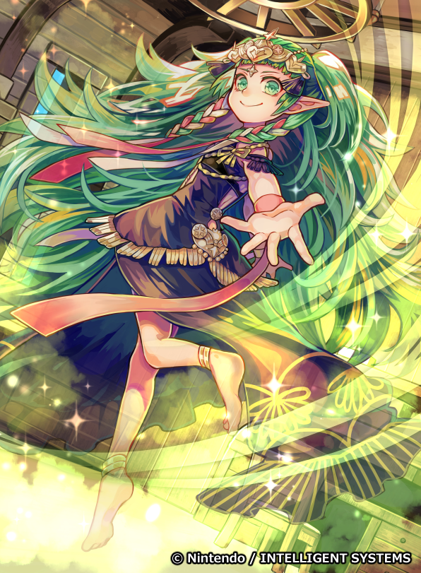 1girl back barefoot braid fire_emblem fire_emblem:_three_houses fire_emblem_cipher green_eyes green_hair long_hair official_art pointy_ears solo sothis_(fire_emblem) sparkle tiara tvzyon twintails