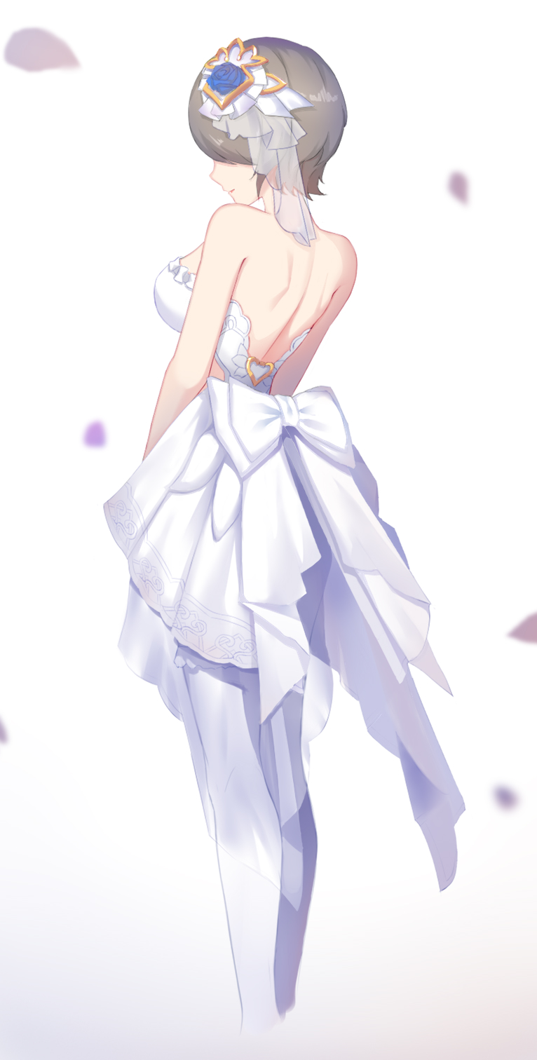 1girl back bare_arms bare_shoulders blue_flower bow bride brown_hair commentary_request dress flower hair_flower hair_ornament highres honkai_(series) honkai_impact_3rd large_bow liangfen232 pantyhose short_hair simple_background sleeveless sleeveless_dress standing strapless strapless_dress white_background white_bow white_dress
