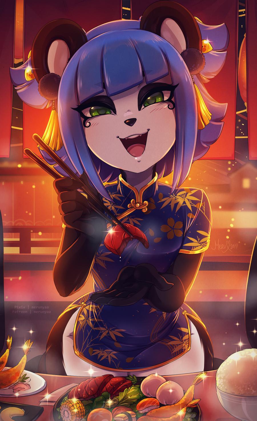 1girl animal_ears bangs black_fur blue_dress blue_hair china_dress chinese_clothes chopsticks commentary dress english_commentary eyeliner eyeshadow feeding flat_chest food furry green_eyes headdress highres legs_together looking_at_viewer makeup meat merunyaa original panda_ears panda_girl short_dress short_hair side_slit solo two-tone_fur white_fur